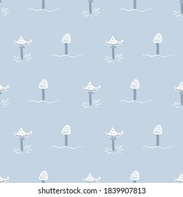 Pastel blue toadstools seamless vector pattern. Surface print design for fabrics, stationery, scrapbook paper, gift wrap, textiles, and packaging.