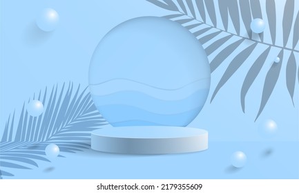 Pastel Blue Vector Background with 3d rendered podium and blue bubbles with paper cut-out sea waves. Summer Pastel Aqua Blue Studio concept. Fresh and clean theme. Isolated platform.