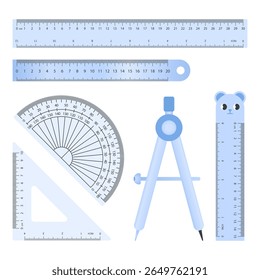 Pastel blue vector stationery set with plastic ruler, metal ruler, cartoon ruler, triangle ruler, protractor, and compass. Clean flat design.