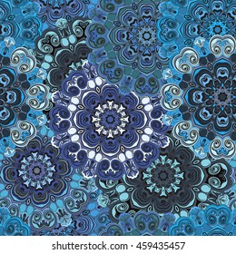 Pastel blue vintage oriental seamless pattern. Indian, arabic, ottoman, turkish, japanese, chinese floral design for background or front-side. Eastern ornament for wrapping paper or textile.