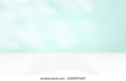 Pastel blue and white background empty room studio. Space for selling products on the website. Empty room with shadow leaves. Vector illustration.