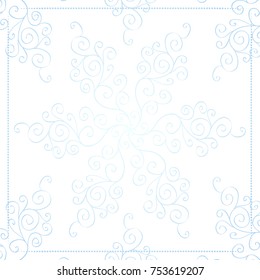 Pastel blue and white background with hand drawn circular patterns or snowflakes from wavy curls and doodles for congratulations with new year and Christmas.