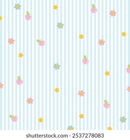 Pastel blue and white stripe background with pink cherry, star, flower for wallpaper, backdrop, floral print, fruity, gift wrap, packaging, paper design, pyjamas, fabric print, picnic blanket