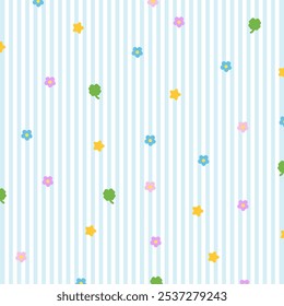 Pastel blue and white stripe background with clover leaf, star, flower for lucky wallpaper, backdrop, floral print, gift wrap, packaging, paper design, pyjamas, fabric print, picnic blanket