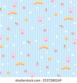 Pastel blue and white stripe background with bunny, rainbow, cherry, star, flower for wallpaper, backdrop, floral print, gift wrap, packaging, paper design, fabric print, picnic blanket, animal, zoo