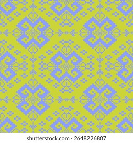 Pastel azul e amarelo padrão têxtil tailandês com intrincados motivos geométricos pixel. Perfeito para tecido étnico, impressões digitais e projetos criativos de inspiração cultural.