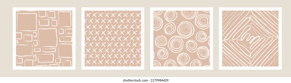 Antecedentes en el boho pastel en el estilo minimalista de mediados de siglo vectorial Ilustración. Conjunto de patrón estético contemporáneo imprimible sin fisuras con formas abstractas de trazo de pincel de línea y línea en colores desnudos.