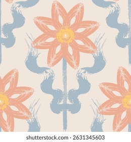 Pastel boho Padrão de repetição de escova floral, Impressão de bloco floral, Design de tinta de flor retrô, Padrão de ogee floral, medalhão, Art deco padrão impressão digital perfeita background.abstract papel de parede geométrico.