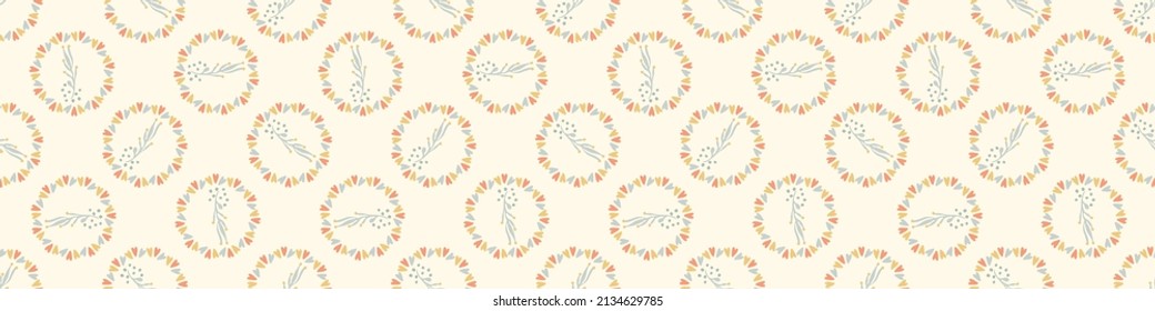 Pastel boho flowers seamless border pattern in trendy ditsy wildflower style. Hand drawn organic botanical fashion edging trim. Modern summer garden bloom in natural vintage cottage core ribbon banner