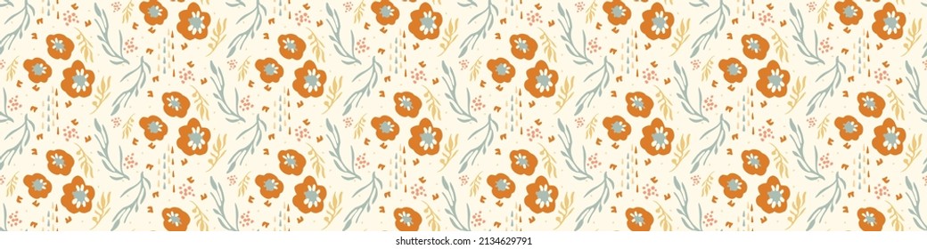 Pastel Boho Flowers Seamless Border Pattern In Trendy Ditsy Wildflower Style. Hand Drawn Organic Botanical Fashion Edging Trim. Modern Summer Garden Bloom In Natural Vintage Cottage Core Ribbon Banner