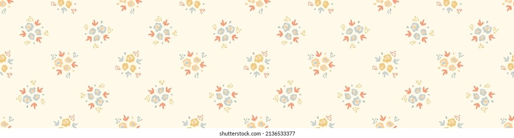 Pastel boho flowers seamless border pattern in trendy ditsy wildflower style. Hand drawn organic botanical fashion edging trim. Modern summer garden bloom in natural vintage cottage core ribbon banner