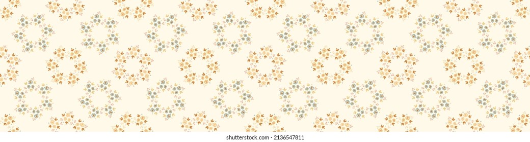 Pastel boho flowers seamless border pattern in trendy ditsy wildflower style. Hand drawn organic botanical fashion edging trim. Modern summer garden bloom in natural vintage cottage core ribbon banner