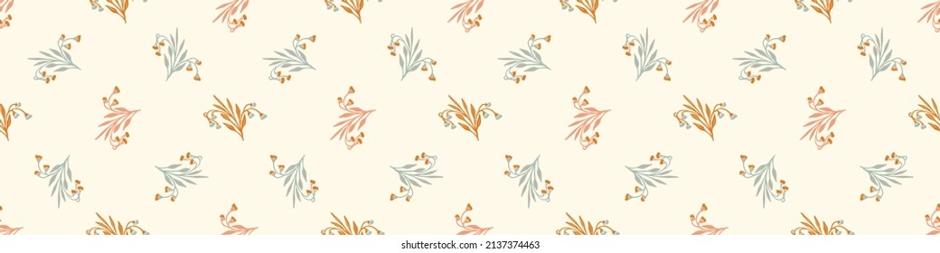 Pastel boho flowers seamless border pattern in trendy ditsy wildflower style. Hand drawn organic botanical fashion edging trim. Modern summer garden bloom in natural vintage cottage core ribbon banner