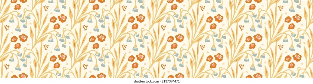 Pastel Boho Flowers Seamless Border Pattern In Trendy Ditsy Wildflower Style. Hand Drawn Organic Botanical Fashion Edging Trim. Modern Summer Garden Bloom In Natural Vintage Cottage Core Ribbon Banner