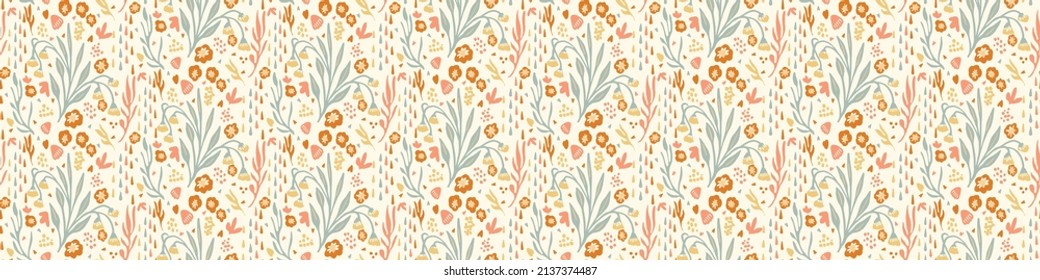 Pastel boho flowers seamless border pattern in trendy ditsy wildflower style. Hand drawn organic botanical fashion edging trim. Modern summer garden bloom in natural vintage cottage core ribbon banner