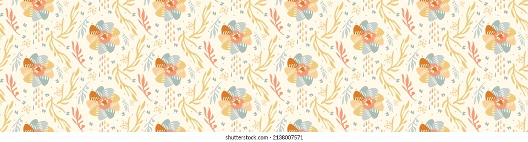 Pastel boho flowers seamless border pattern in trendy ditsy wildflower style. Hand drawn organic botanical fashion edging trim. Modern summer garden bloom in natural vintage cottage core ribbon banner