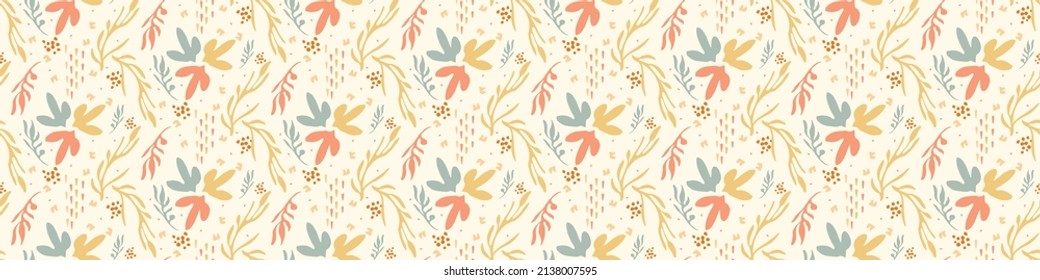 Pastel boho flowers seamless border pattern in trendy ditsy wildflower style. Hand drawn organic botanical fashion edging trim. Modern summer garden bloom in natural vintage cottage core ribbon banner