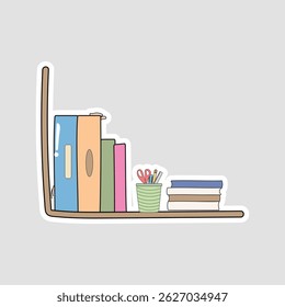 Pastel L‑Shaped Bookshelf Vector Sticker. Flat vector sticker of an L‑shaped bookshelf with pastel books and a stationery cup—perfect for reading, home office, education, and library projects