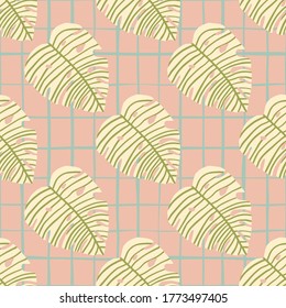 Pastel botanic pattern with light green monstera leaves on pink chequered background. Vector illustration. Perfect design for wallpaper, wrapping paper, kids clothes, textile, fabric.