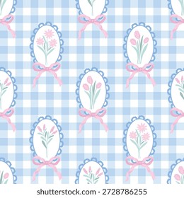Pastel bow flowers vector seamless pattern with floral frames on gingham background.