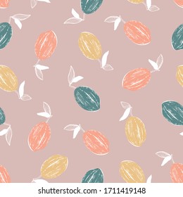 Pastel bright lemon pattern. Hand drawn fun fruit seamless repeat pattern. Gift, wrapping paper, greeting card, fabric.