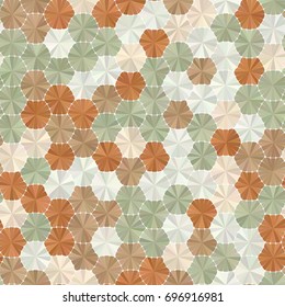 Pastel brown beige green gradient rounded hexagons mosaic texture background. Seamless pattern. Textile patchwork vintage print. Abstract geometric vector illustration.