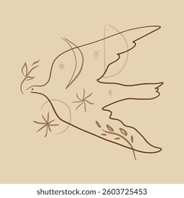 Pastel brown beige quite palette minimalistic line art dove bird modern contemporary interior abstraction or flying pigeon linear tiny painting drawing. Scandinavian vector illustration. Good for