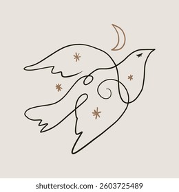 Pastel brown beige quite palette minimalistic line art dove bird modern contemporary interior abstraction or flying pigeon linear tiny painting drawing. Scandinavian vector illustration. Good for