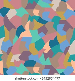 Pastel brown, peach and teal shaded camouflage vector seamless pattern in geometrical style. Polygon shaped elements organized in a surface art texture for printing or use in graphic design.