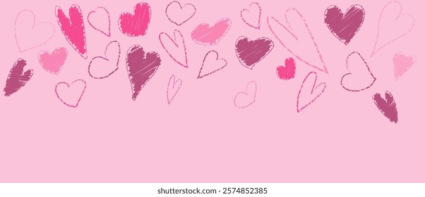 Pastel brush heart pattern. Hand drawn abstract Valentine border with crayon material. Grunge chalk scribble  for 14 February. Lipstick or marker paintbrush stroke panorama design for presentation