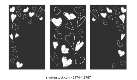 Pastel brush heart pattern for vertical story. Black and white hand drawn valentine banner. Abstract freehand border for love day frame. Cute lipstick texture scratch on template for party design