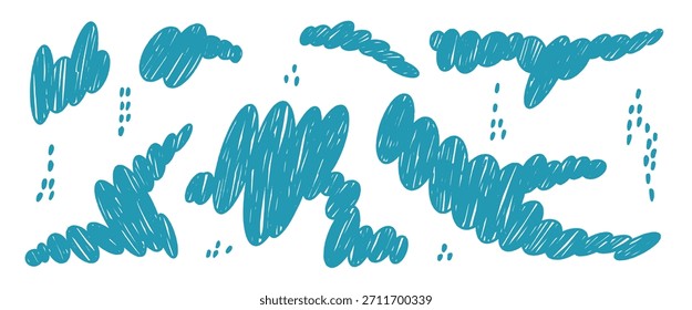 Pastel brush irregular blobs with chalk-like texture set. Hand-drawn clouds doodle elements in blue colors. Perfect for creative illustrations, stickers, and graphic designs. Vector amoeba elements.