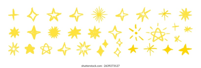 Pastel brush stars isolated on white background. Set of doodle yellow stars and sparkle elements.