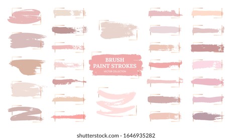 Pastel brush strokes. Creative spots, gold frames and pink palette samples. Fashion makeup blush swatches. Beautiful rose grunge paint vector collection