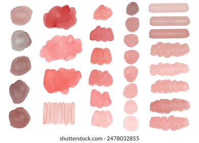 Pastel brush strokes. Creative spots, gold frames and pink palette samples. Fashion makeup blush swatches. Beautiful rose grunge paint vector collection. Illustration pastel texture, watercolor brush