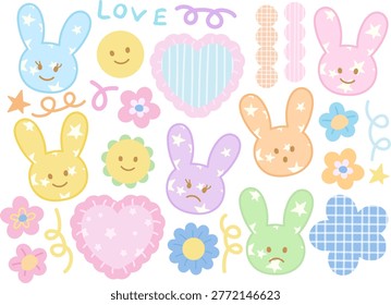 Pastel bunny vector illustrations with sad and happy expressions, flowers, heart for pet shop, zoo, stickers, rabbit cartoon, characters, comic, blossom, animals, happy easter, mood, feeling, emotion