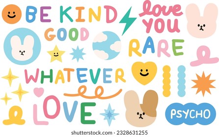 Pastel bunny and wordings such as be kind, love you, whatever, rare for logo, icons, banners, stickers, decoration, post, print, ads, etc.