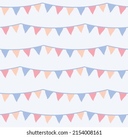 Pastel bunting seamless vector pattern. Happy, cute colorful design for kids. Simple, minimal, flat, endless flag banner illustration. Repeat background children's wallpaper surface art print. 