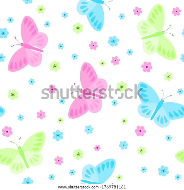Pastel butterflies on a white background. Seamless pattern background. Repeating vector for kids centre, kindergarten, wallpaper.