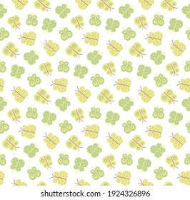 Pastellfarbene Schmetterlinge nahtloses Muster, grün, gelb auf weißem Hintergrund. Handgezeichnete Vektorgrafik. Skandinavisches Design. Konzept für Kinder Textilien, Modedruck, Tapete, Paket.
