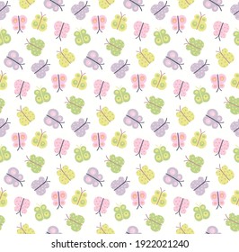 Pastellfarbene Schmetterlinge nahtloses Muster, mehrfarbig auf weißem Hintergrund. Handgezeichnete Vektorgrafik. Skandinavisches Design. Konzept für Kinder Textilien, Modedruck, Tapete, Verpackung.