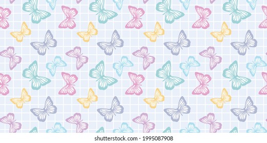 Pastel butterfly seamless repeat pattern design, cute butterfly vector wallpaper. Girly spring pattern background.