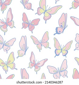 Pastel Butterfly Seamless Repeat Pattern Design, Cute Butterfly Vector Wallpaper. Girly Spring Pattern Background. Scattered Pattern.