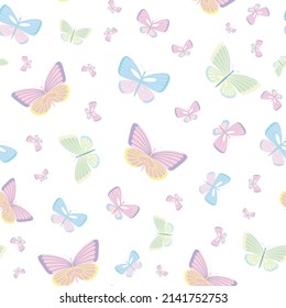 Pastel butterfly seamless repeat pattern design, cute butterfly vector wallpaper. Girly spring pattern background.