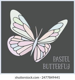 Pastel butterfly vector. Aesthetic pink, light blue, mint green, purple, violet butterfly. Hand drawn cute pastel illustration. Can be used for greeting cards, banners, wallpaper, birthday card.