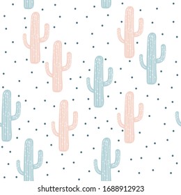 Pastel cacti on a white background with dots, seamless vector pattern.