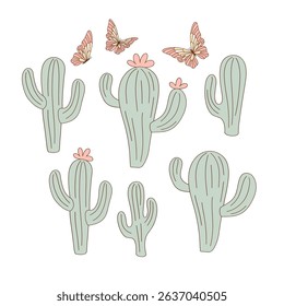 Pastel Cactus and Floral vector illustration set isolated on white. Cute Succulent and Desert Flower print collection for Fabric, Kids, Stationery, and Home Decor.