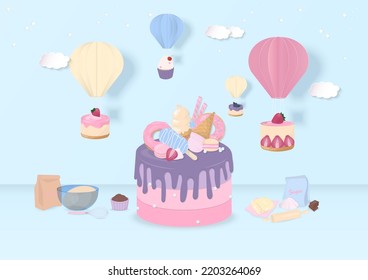 Pastel cake and dessert with ingredients on blue background. Hot air balloons and bakery flying in the sky. Paper art style.