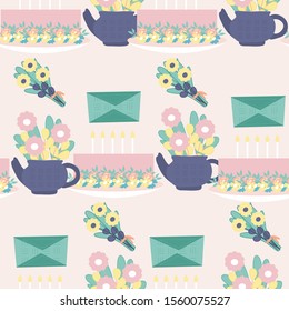 Pastel cake and flowers in a seamless pattern design, perfect to use on the web or in print
