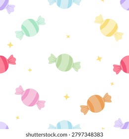 Pastel candies float with playful stripes. Star sparkles add whimsical charm to each sweet. Bright hues suggest joy, celebration, or childlike wonder. Perfect for designs needing soft, sugary appeal